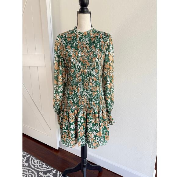 Ramy Brook NWT Lucia Green Floral Smocked Stretch Puff Sleeve Mini Dress Medium - Picture 2 of 14